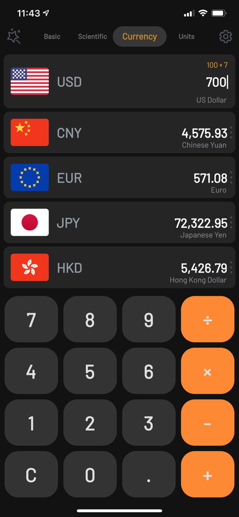 Interfaz del convertidor de divisas Super Calculator HD en modo oscuro mostrando varios tipos de cambio globales