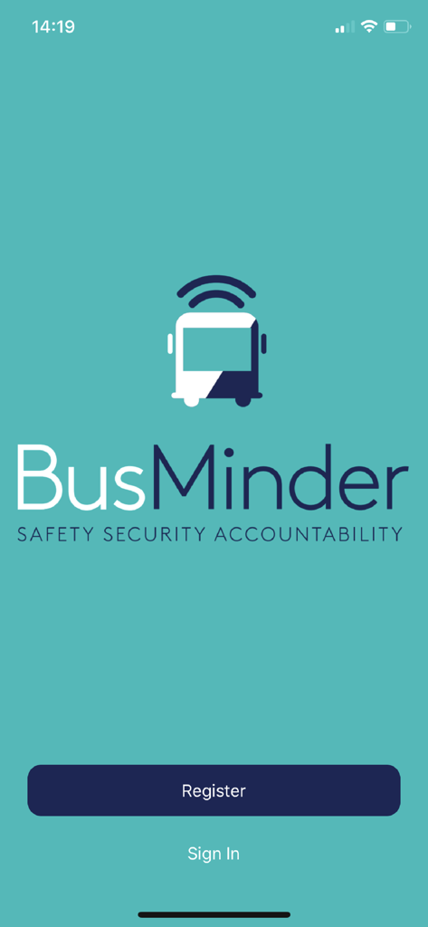 BusMinder Parent - BusMinder Parent app landing page with logo and login buttons