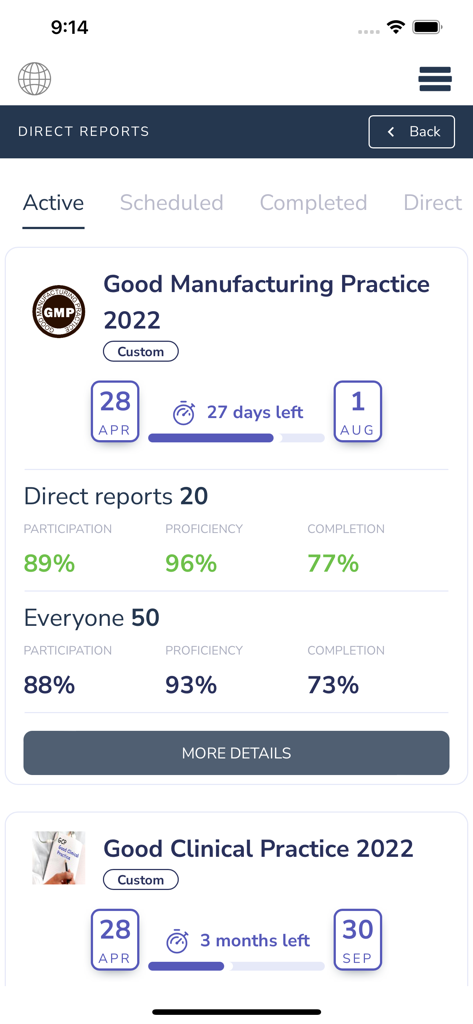 Qstream - A manager dashboard in the Qstream app showing training progress and proficiency metrics for direct reports on corporate compliance courses.