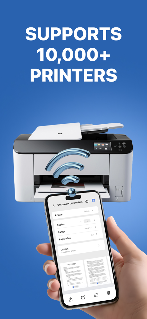 Smartphone displaying print settings and wireless connection to a printer with support for 10000 models