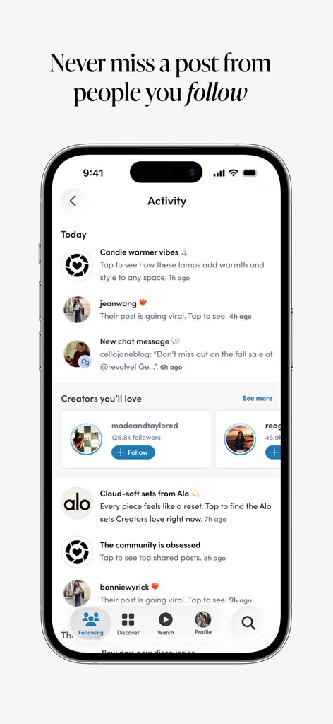 LTK app activity feed showing creator updates viral posts and shopping recommendations