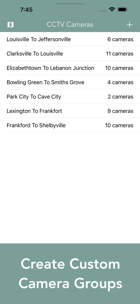 Kentucky 511 Traffic Cameras - Interface showing a list of custom traffic camera groups for Kentucky commute routes