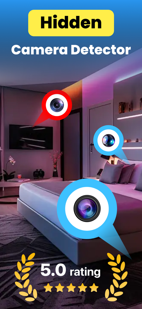 Screenshot dell'app mobile che mostra il rilevamento di telecamere nascoste in una camera da letto con una valutazione a cinque stelle.