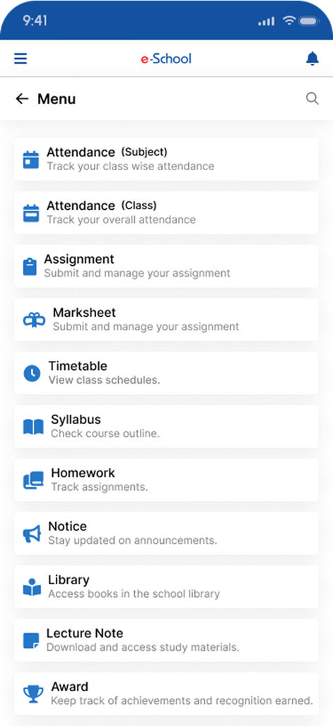 eSchool App by eZone - Interfaz móvil de la aplicación eSchool que muestra opciones de menú para asistencia, tareas y calificaciones.
