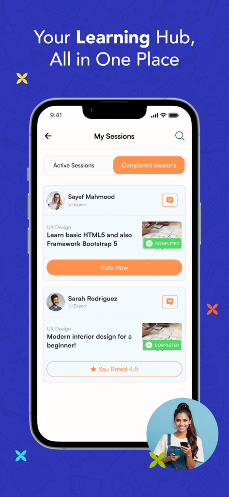 Interfaz de la app Tomohi mostrando sesiones de aprendizaje completadas y calificaciones de tutores en una interfaz móvil limpia