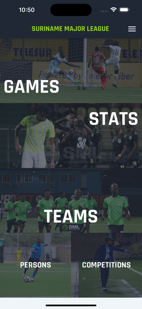 SML Manager - Main dashboard of SML Manager app displaying menu options for Games, Stats, Teams, Persons, and Competitions with soccer background images.