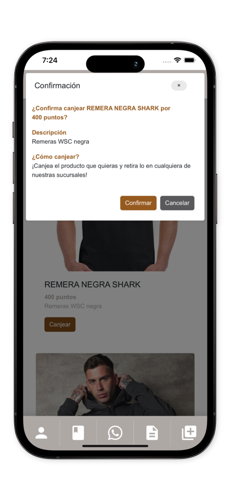 White Shark Coffee - Confirmation modal in the White Shark Coffee app to redeem points for a black branded t-shirt