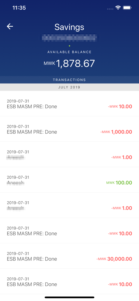 First Capital Bank App - Savings account transaction history and balance on the First Capital Bank mobile app.