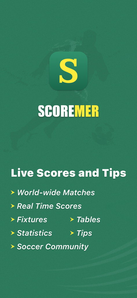 Scoremer app splash screen showcasing live soccer scores fixtures statistics and betting tips