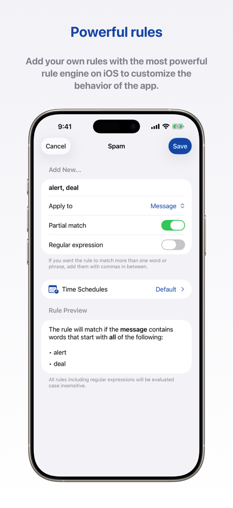 Junkman: AI Spam SMS Blocker - Interface of Junkman app showing custom spam filtering rules with keyword and partial match options on an iPhone screen