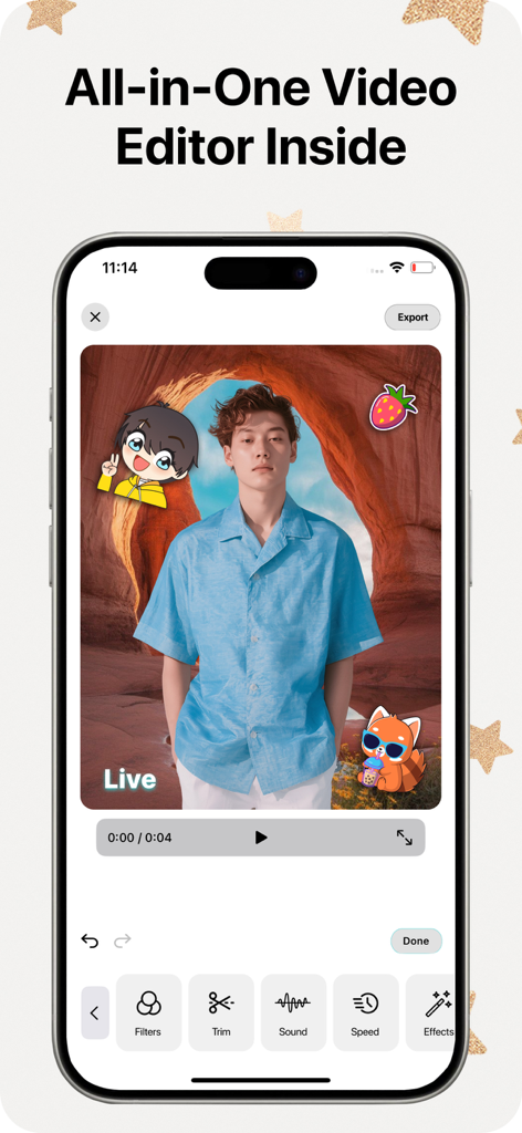 Video Background Changer - Mobile video editor interface showing a man with a changed background and creative stickers