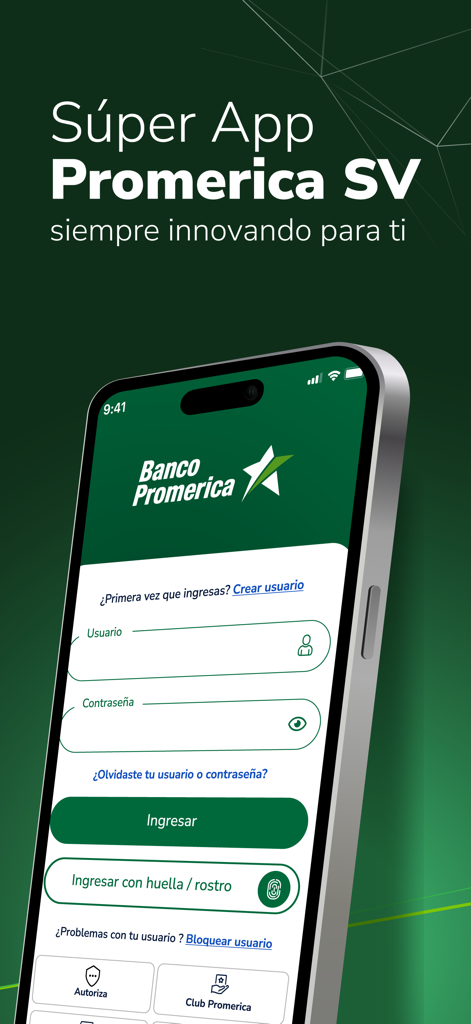 Promerica SV - Login screen of the Promerica SV super app on an iPhone