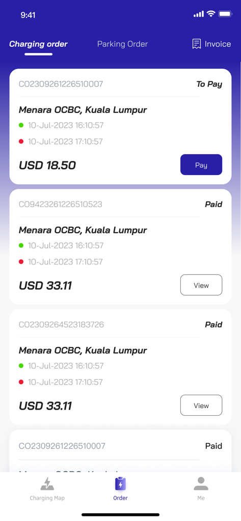 ZO Charge - Interfaz de la aplicación ZO Charge que muestra el historial de pedidos de carga con estado de pago y costos.