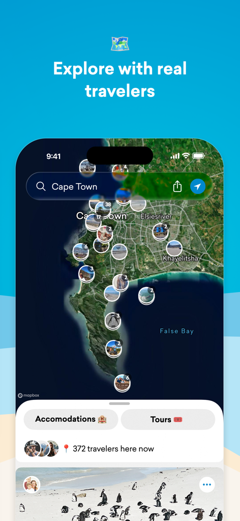 FindPenguins app interface showing a map of Cape Town with photo pins and travel stories from real travelers.