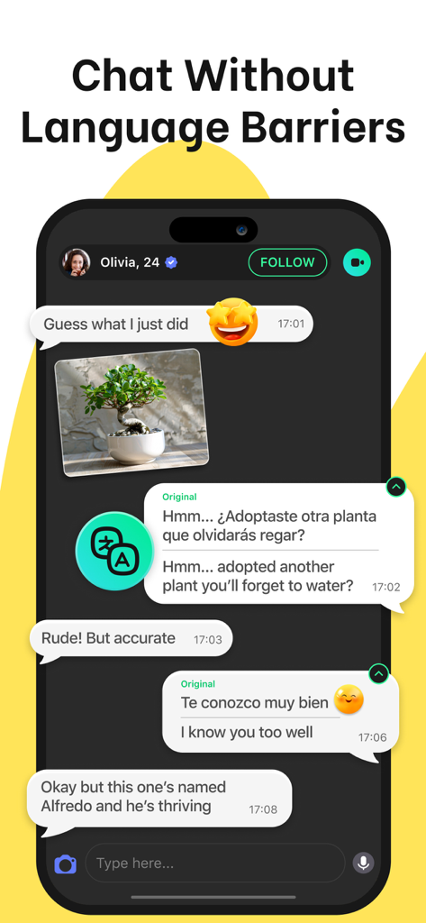 Juds- AI Friend & Chat - Una pantalla de smartphone mostrando la interfaz de chat IA de Juds con traducción de idiomas en tiempo real entre mensajes en español e inglés.