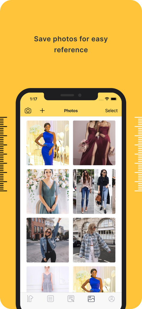 Eine Galerie mit gespeicherten Referenzfotos für Kleidung in der Benutzeroberfläche der Tailor-Körpermaße-App