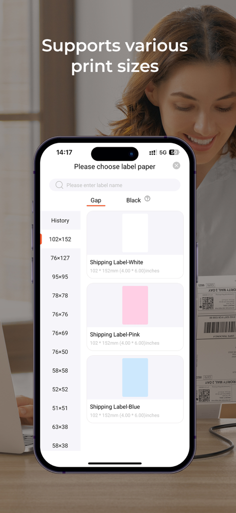 Munbyn Print - A mobile interface screen showing a variety of shipping label paper sizes and colors available in the Munbyn Print app