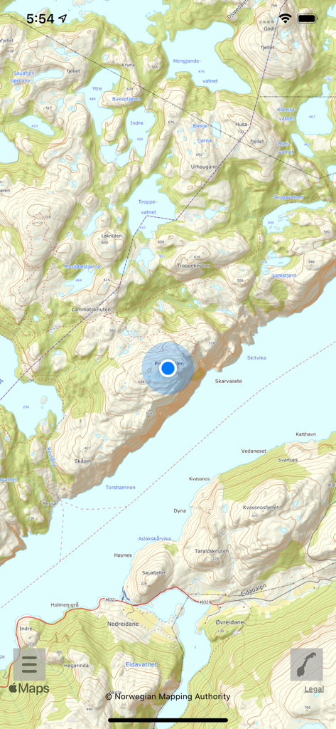Un mapa topográfico de alta resolución de Noruega que muestra las curvas de nivel del terreno y la ubicación del usuario en la aplicación Aquí y allá