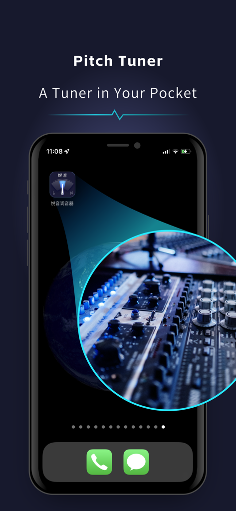 Tuner: Guitar Ukulele Violin - Uno smartphone che visualizza l'icona dell'app Accordatore con uno sfondo di attrezzature audio professionali per il missaggio
