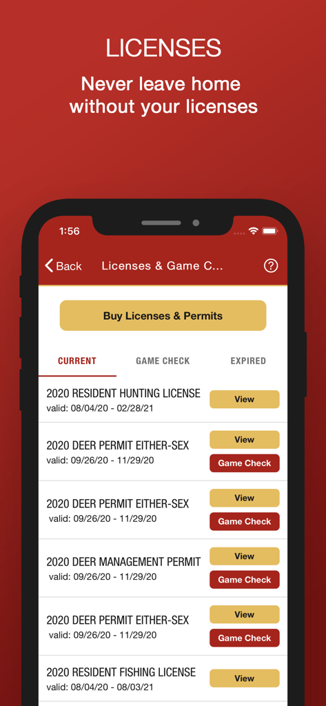 HuntFish OH mobile app screen displaying a list of current digital hunting and fishing licenses and permits.