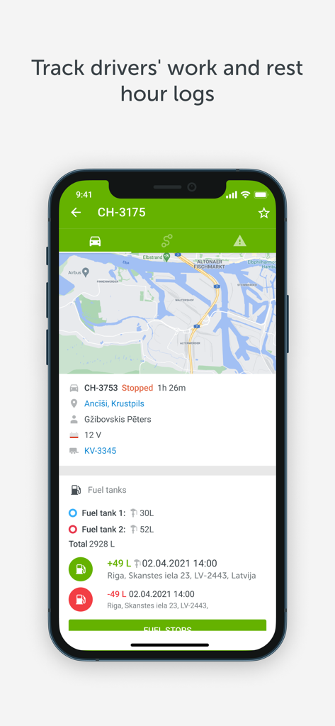 Mapon Manager - Mapon Manager app interface showing vehicle location tracking and detailed fuel tank monitoring