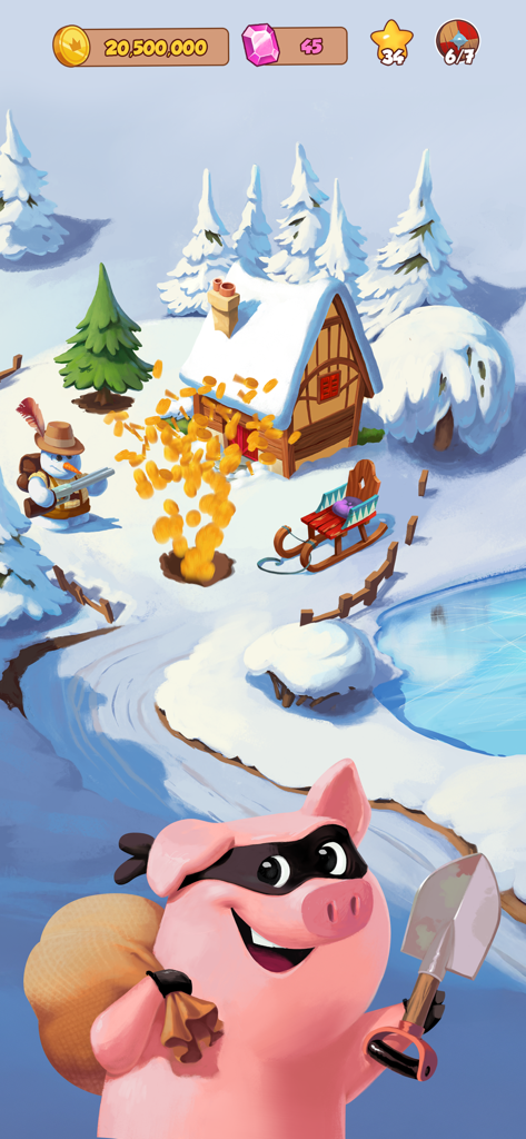 A pink pig mascot wearing a bandit mask raiding a snowy winter village for gold coins in the Coin Master app
