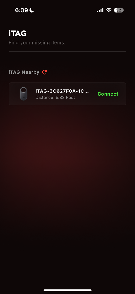 iTag - Interface of the iTag app showing a nearby Bluetooth tracker found at 5.83 feet.