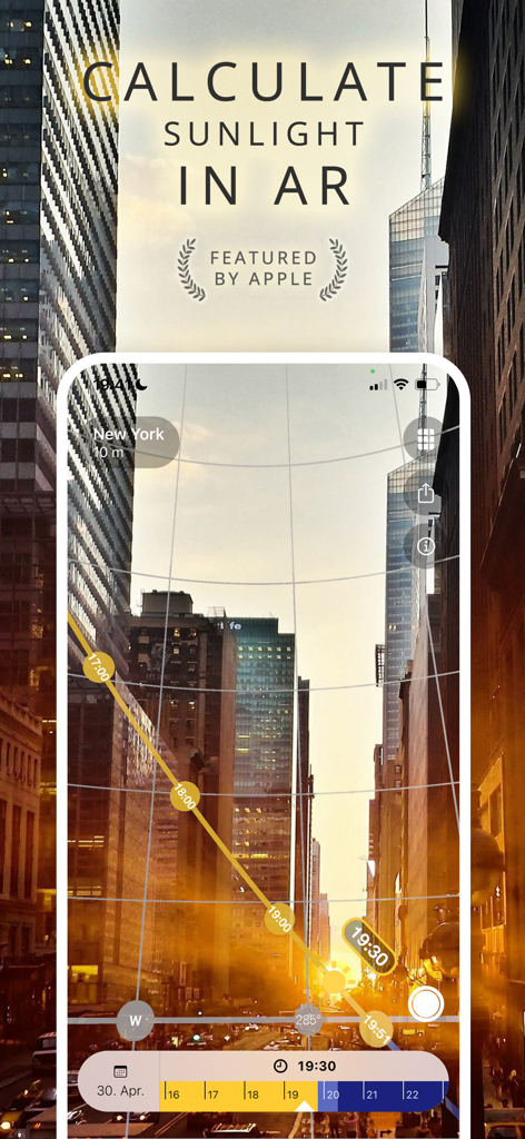Augmented reality view of the sun path and position over a New York City street using SunOnTrack app