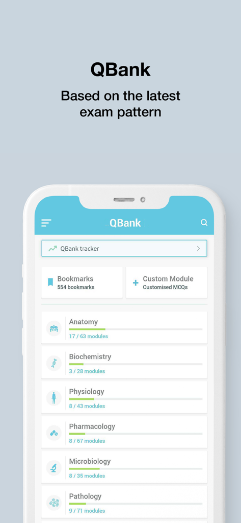 Marrow app QBank interface showing a list of medical subjects like Anatomy and Physiology with module progress bars.