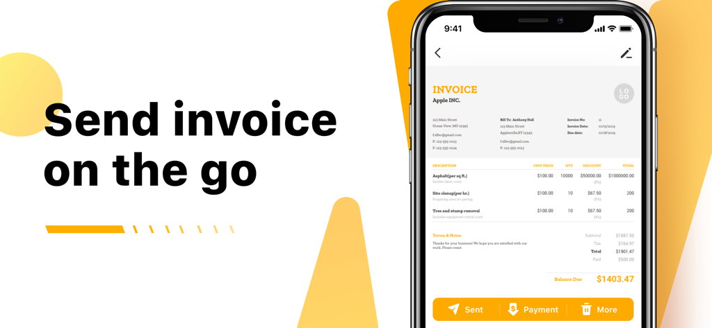 Nova Invoice-PDF Invoice Maker - Smartphone screen displaying a professional invoice with the heading Send invoice on the go.