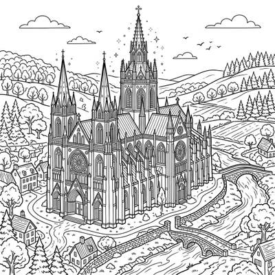 Immerse yourself in the grandeur of this stunning Gothic cathedral coloring page, set within a picturesque full scene landscape. Explore intricate architectural details and rolling natural beauty as you bring this masterpiece to life with your colors.