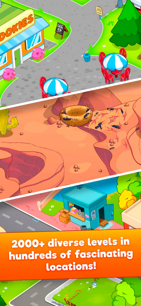 Sugar Heroes - World match 3 - A showcase of colorful game environments in Sugar Heroes including a cookie shop, a desert canyon, and a coastal town.