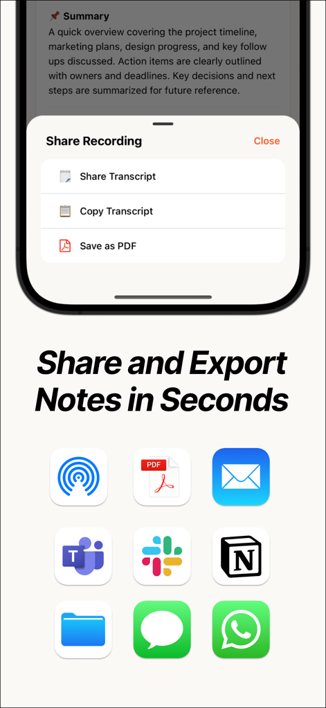 Playbacks: AI Note Taker - Interface showing sharing and exporting options for AI generated notes with integrations for Slack Teams and Notion