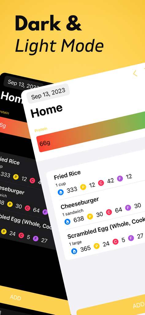 Protein Tracker+ - Interfaz de la aplicación Protein Tracker plus que muestra el modo oscuro y claro con registros diarios de proteínas