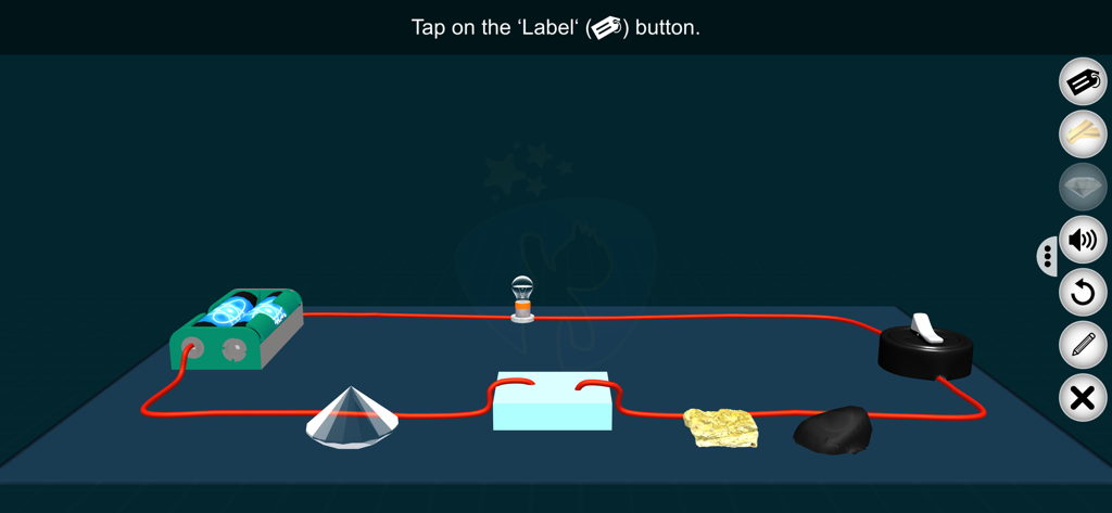 Electricity - Edutech Era - A virtual science classroom interface showing an electrical circuit used to test the conductivity of different materials.