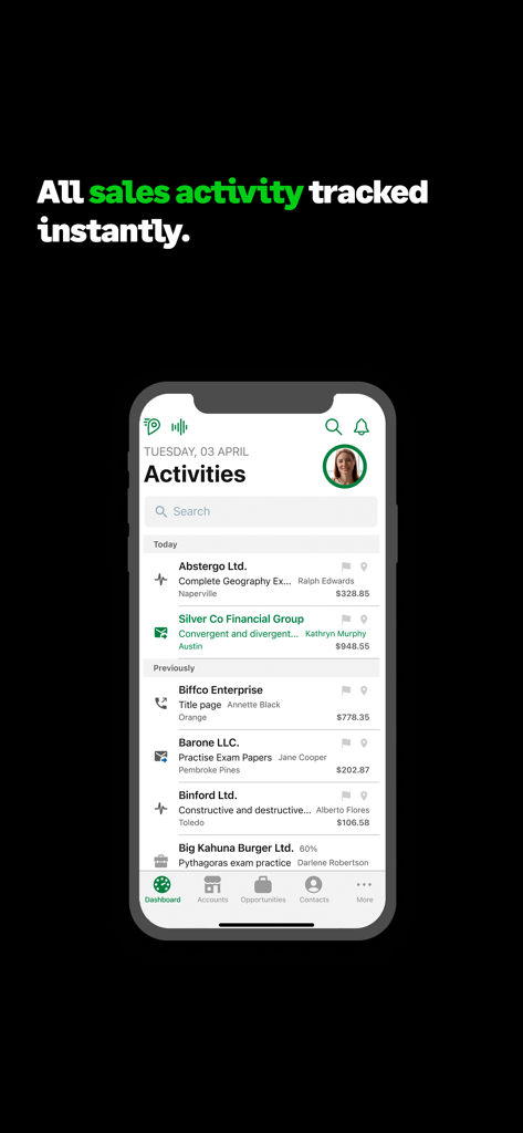 Sage Sales Management app interface showing a list of tracked sales activities and client interactions.