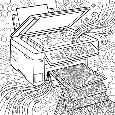Dive into the world of technology and creativity with this unique all-in-one printer coloring page, specifically designed to captivate teen artists. Explore intricate details from scanning cute art to printing complex patterns, all waiting for your vibrant touch.