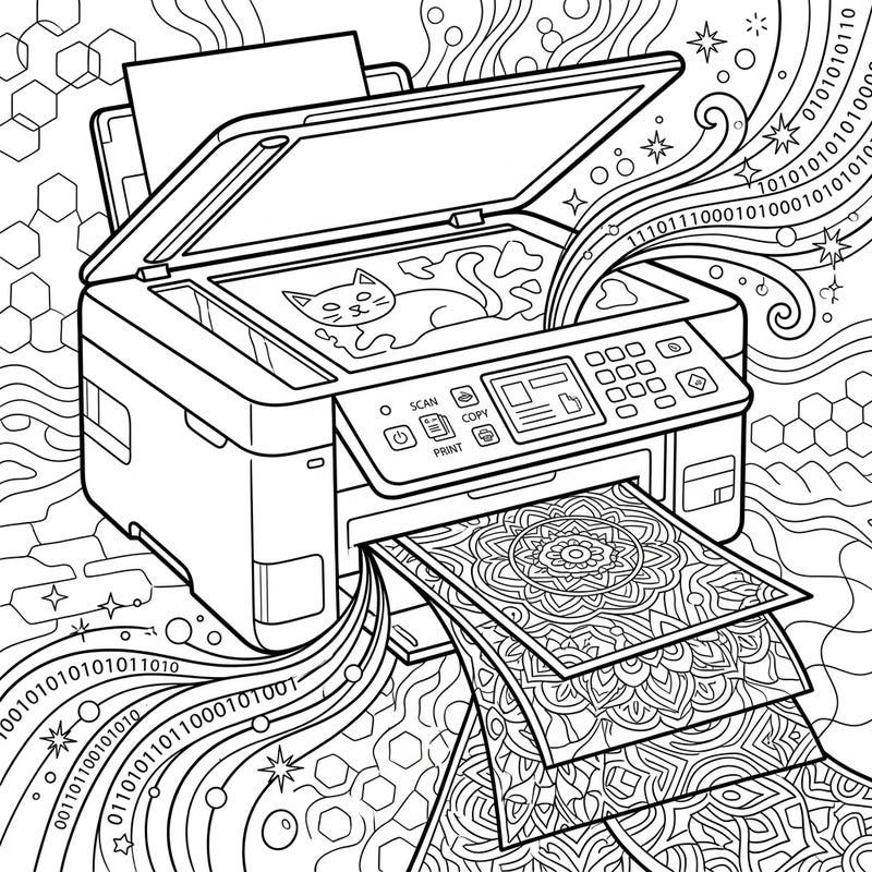 Dive into the world of technology and creativity with this unique all-in-one printer coloring page, specifically designed to captivate teen artists. Explore intricate details from scanning cute art to printing complex patterns, all waiting for your vibrant touch.