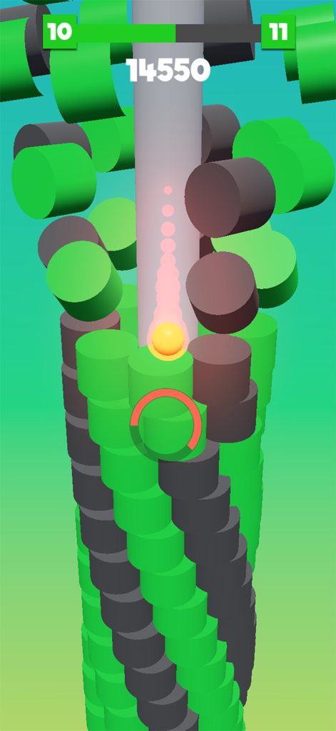 Stack Ball - Tower Blast - A yellow ball smashing through green circular platforms in Stack Ball Tower Blast gameplay