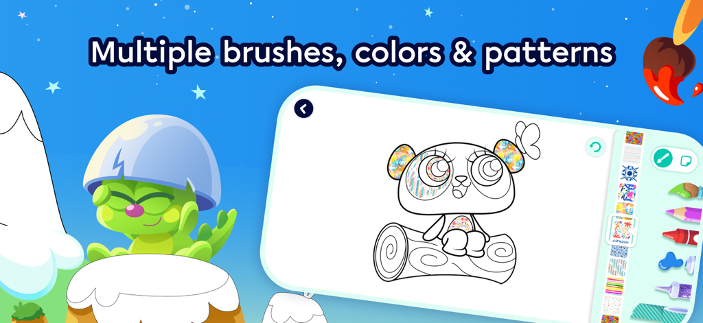 Moshi Coloring World - Digitale Maloberfläche der Moshi Coloring World App mit einem Panda-Charakter und künstlerischen Werkzeugen