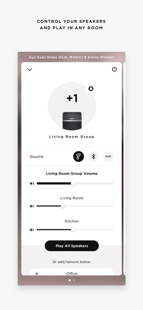 Bose SoundTouch app interface showing volume control for speakers in the living room and kitchen