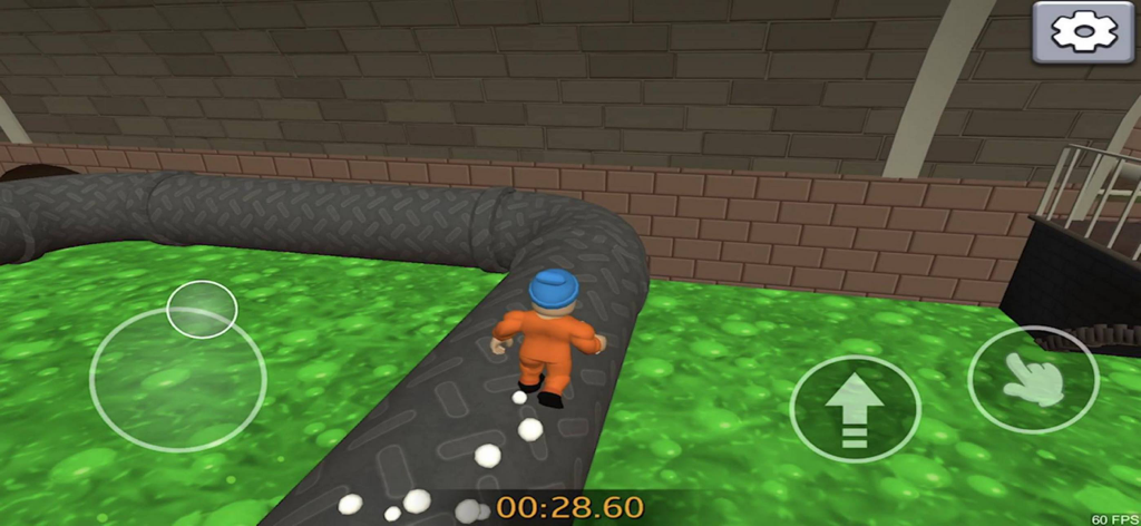 Obby Chapters: Prison Escape - A prisoner character running on a metal pipe over green slime in an obstacle course level