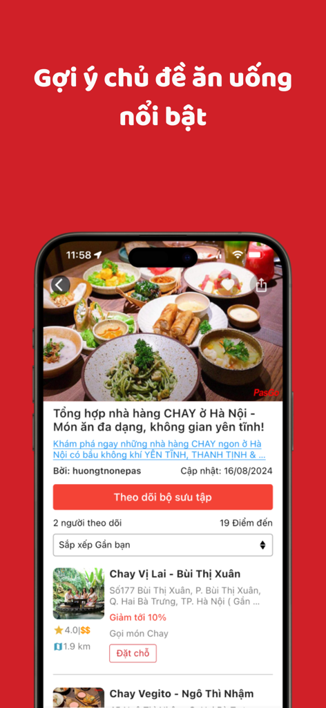 PasGo: Đặt bàn nhà hàng ưu đãi - PasGo app interface showing a featured list of vegetarian restaurants in Hanoi with booking buttons and discounts
