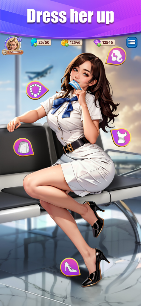 Lust Desire: Love Game - Pantalla de personalización de personajes en Lust Desire Love Game con una chica anime en un aeropuerto