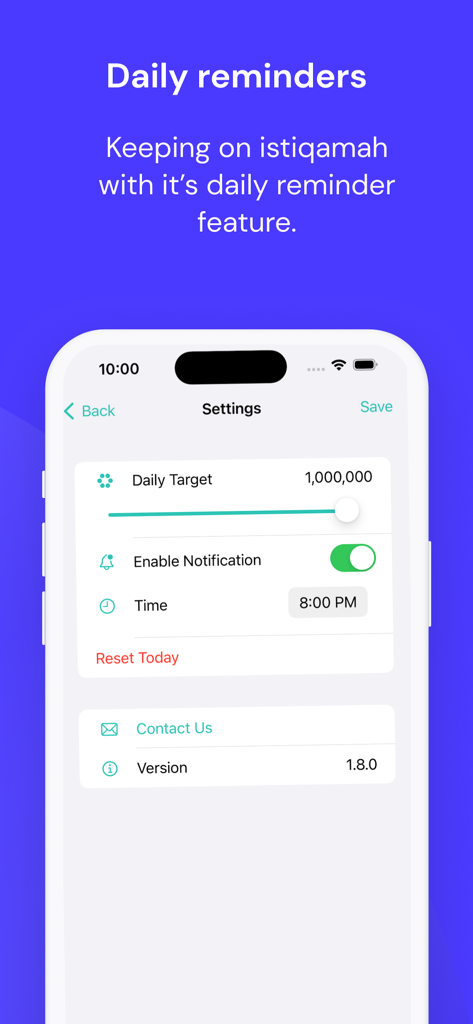 Tasbih Digital - Settings screen for setting a daily zikr target and notification reminders in the Tasbih Digital app.