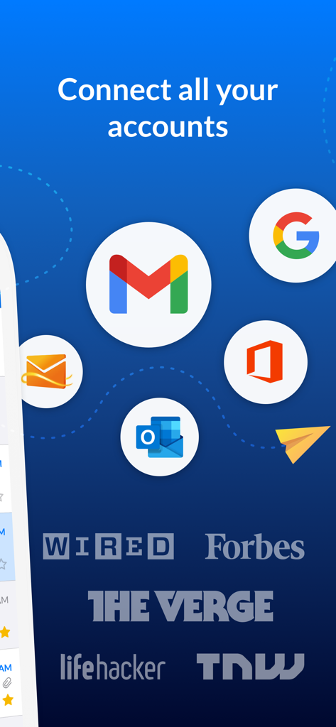 Email Client - Boomerang Mail - Boomerang Mail app screen showing support for connecting multiple email accounts including Gmail and Outlook.