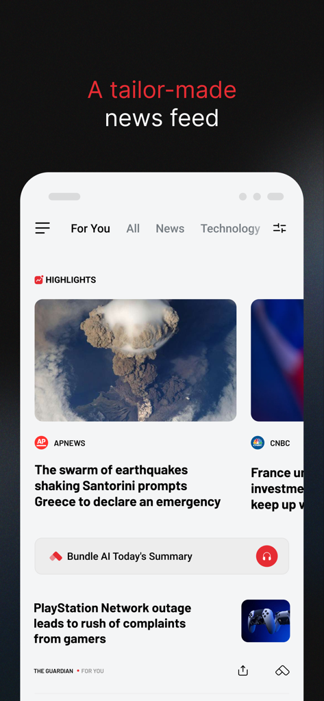 A screenshot showing the personalized news feed of the Bundle News app with highlights and AI summary features.