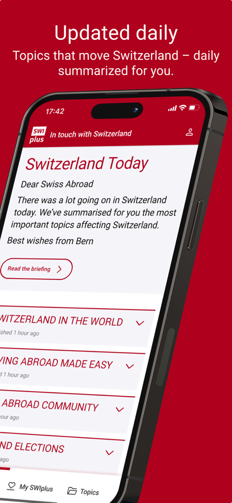 Smartphone screen displaying the SWIplus app daily news summary for Swiss citizens abroad