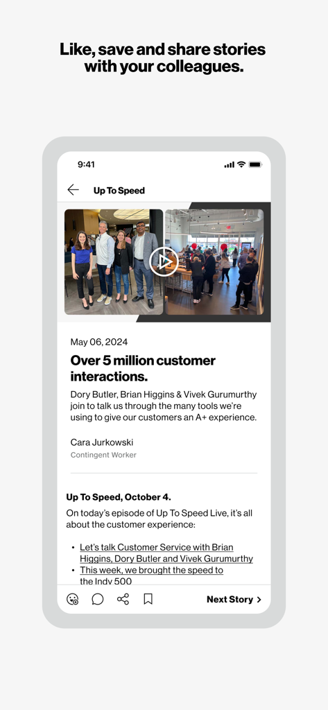 Interfaz de la aplicación móvil Inside Verizon que muestra un feed de noticias para empleados con funciones de interacción social.