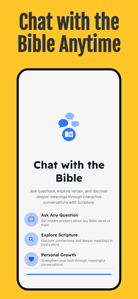 Bible Chat: by Biblely - Captura de pantalla de la aplicación Biblely que muestra la interfaz de Bible Chat con funciones para hacer preguntas y crecimiento personal.